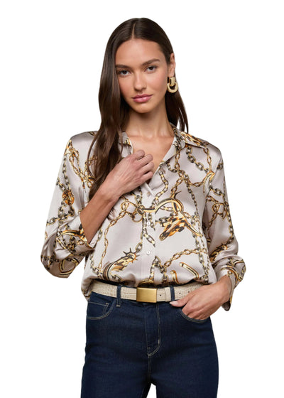 Dani Silk Blouse in Smoke Grey/Gold Long Horn Chain