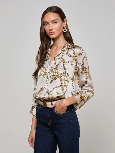 Dani Silk Blouse in Smoke Grey/Gold Long Horn Chain