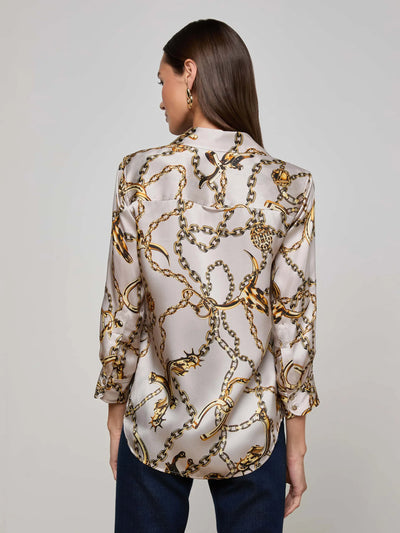 Dani Silk Blouse in Smoke Grey/Gold Long Horn Chain