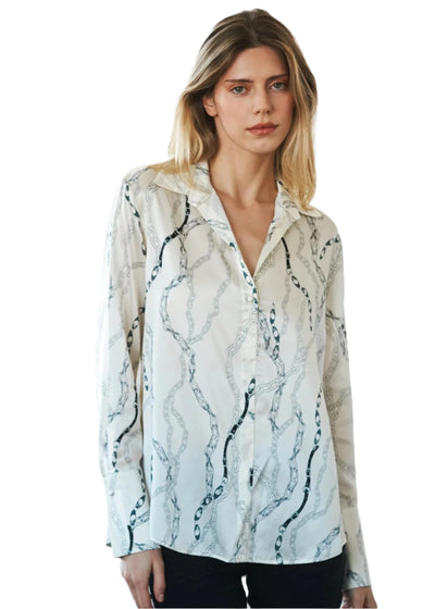 Daria French Cuff Silk Blouse in White Chain