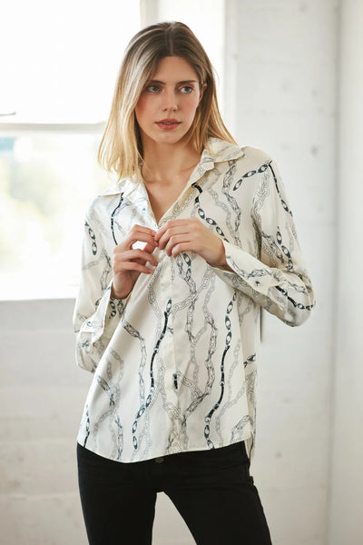 Daria French Cuff Silk Blouse in White Chain