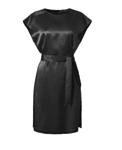 Silk Dress w/ Pleated Shoulder Detail in Black