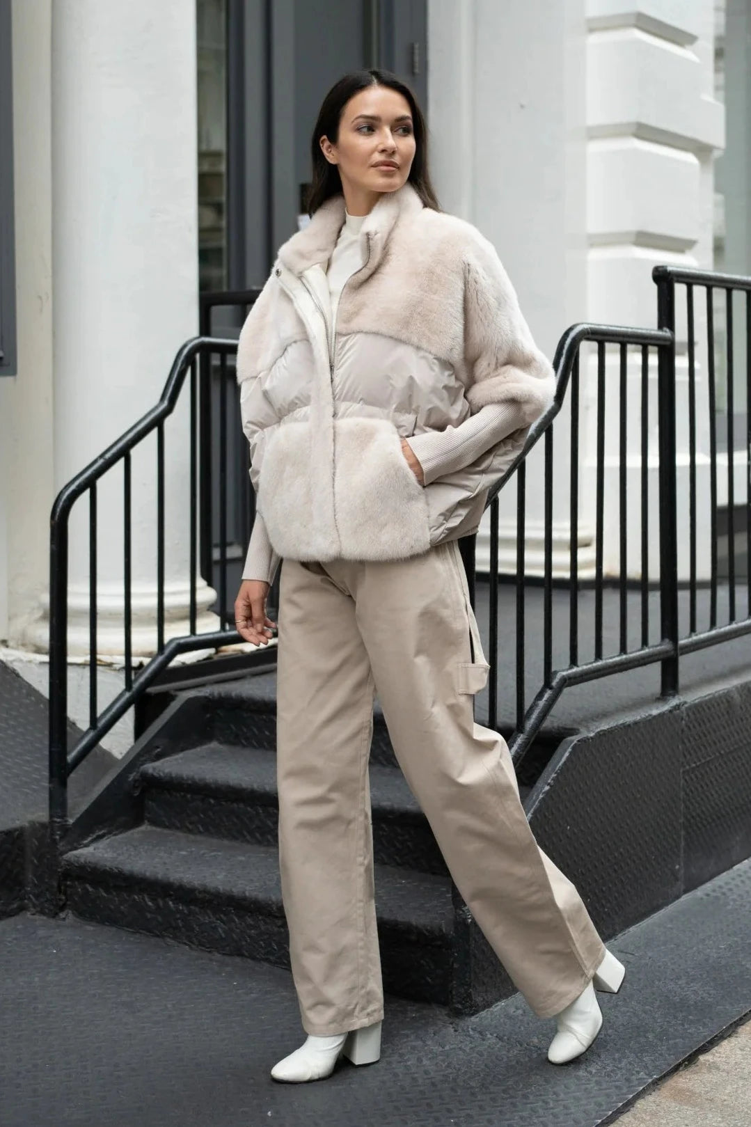 Mink/ Down Puffer Jacket w/ Knit Sleeves in Cream – Carl Meyers Mink/ Down Puffer Jacket w/ Knit Sleeves in Cream – Carl Meyers