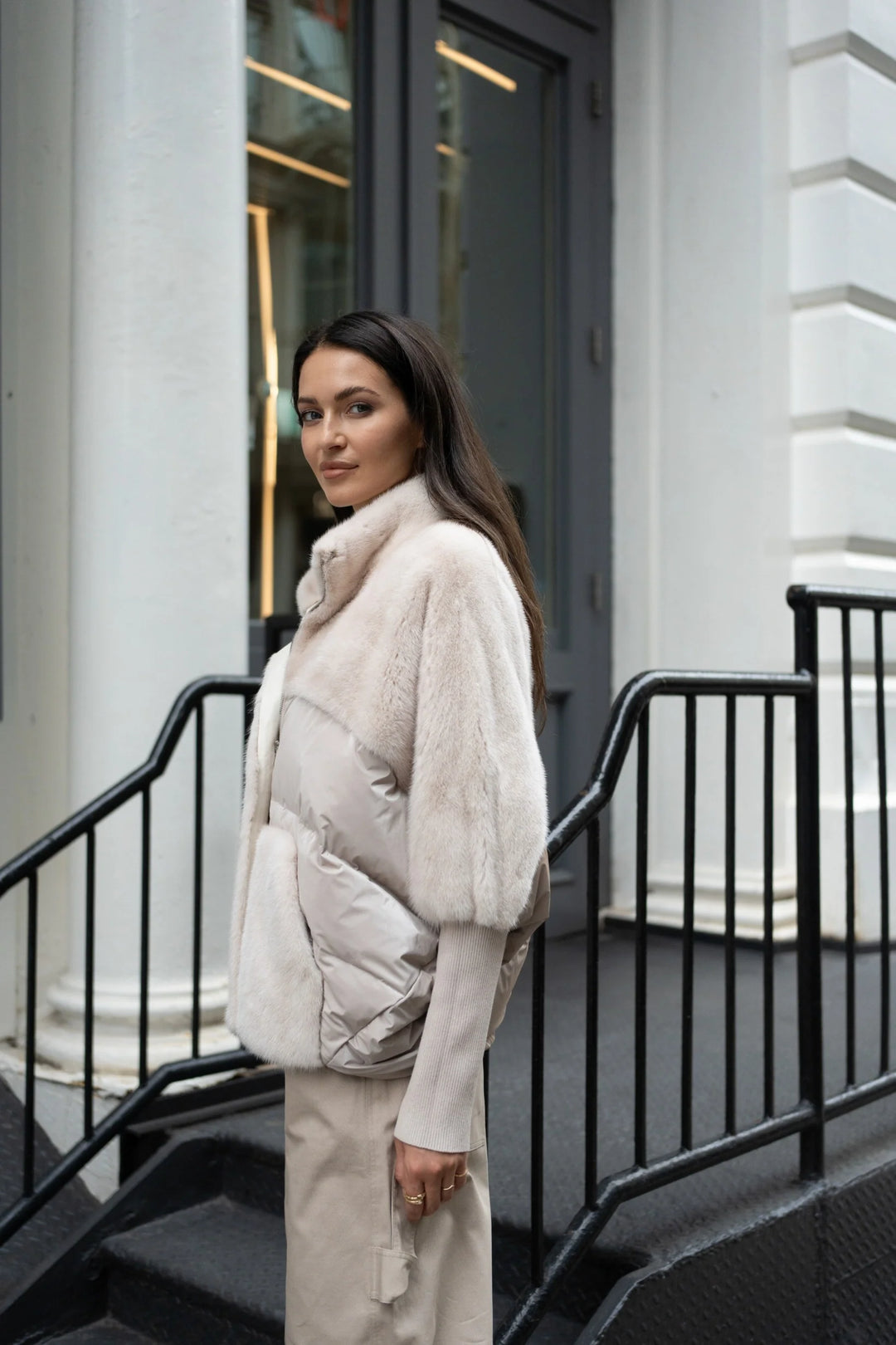 Mink/ Down Puffer Jacket w/ Knit Sleeves in Cream – Carl Meyers