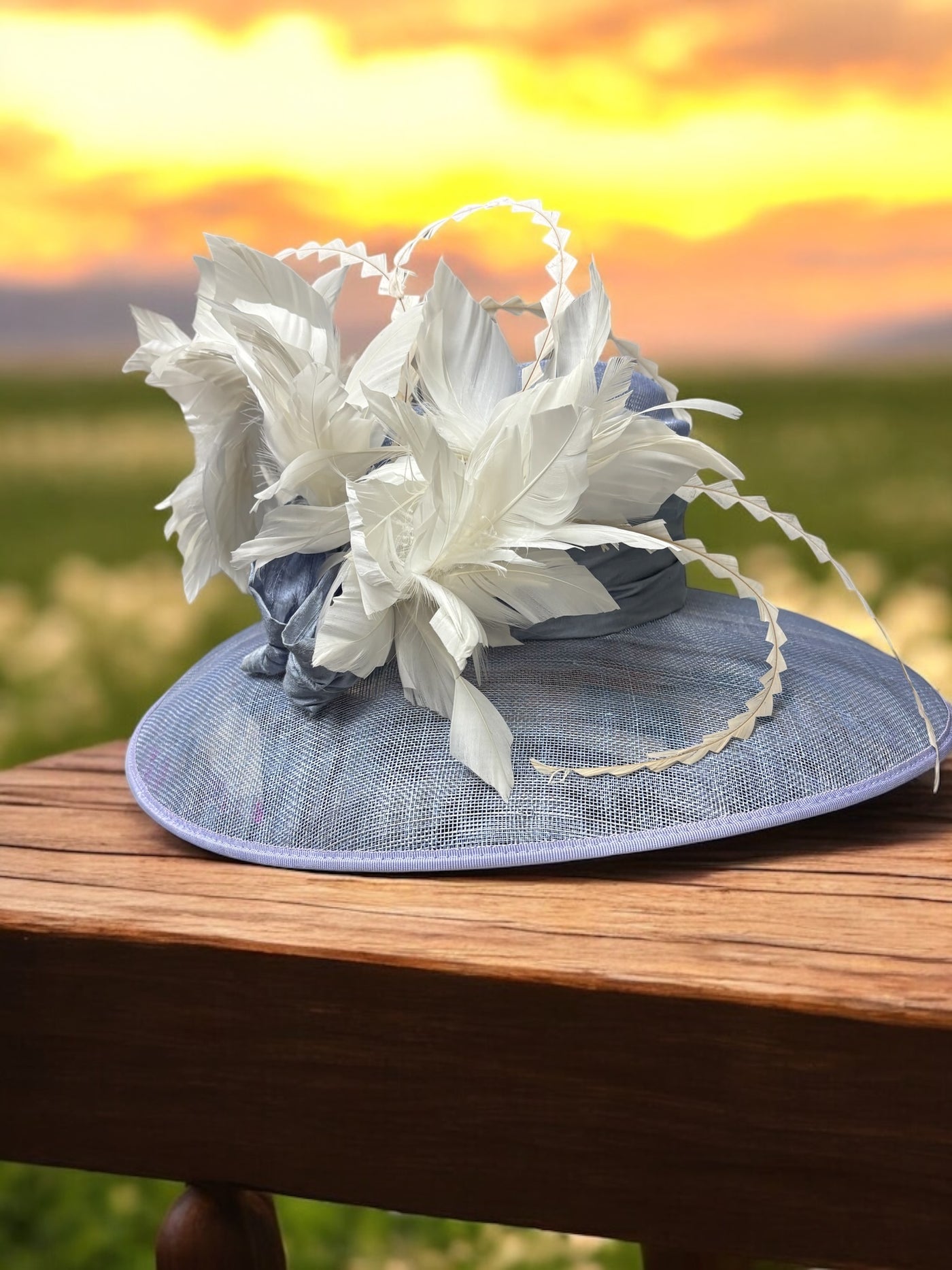 Periwinkle Sinamay with Cream Feathers