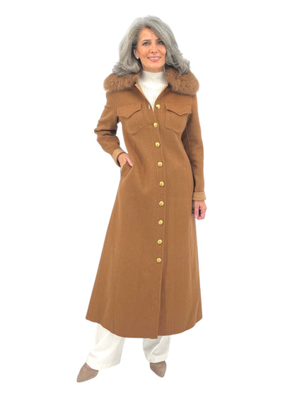 Motif Maxi Coat in Dark/Light Camel with Blue Fox