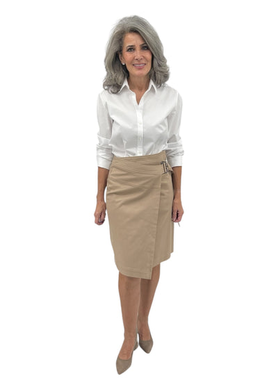 Asymmetric Wrap Midi Skirt in Beige Twill