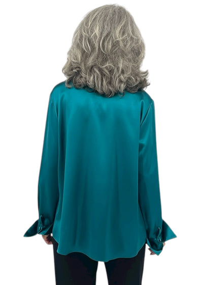 Satin Button Down Collared Blouse in Teal