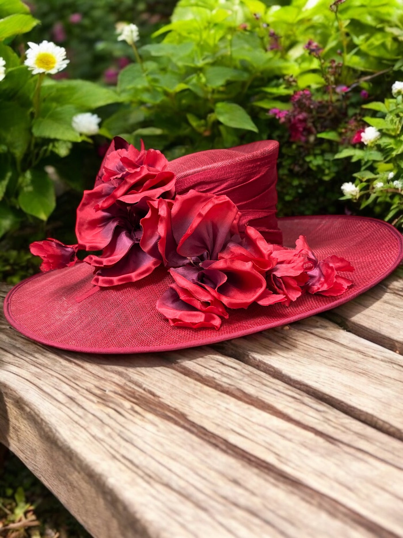 Red Sinamay Straw with Flower Trim