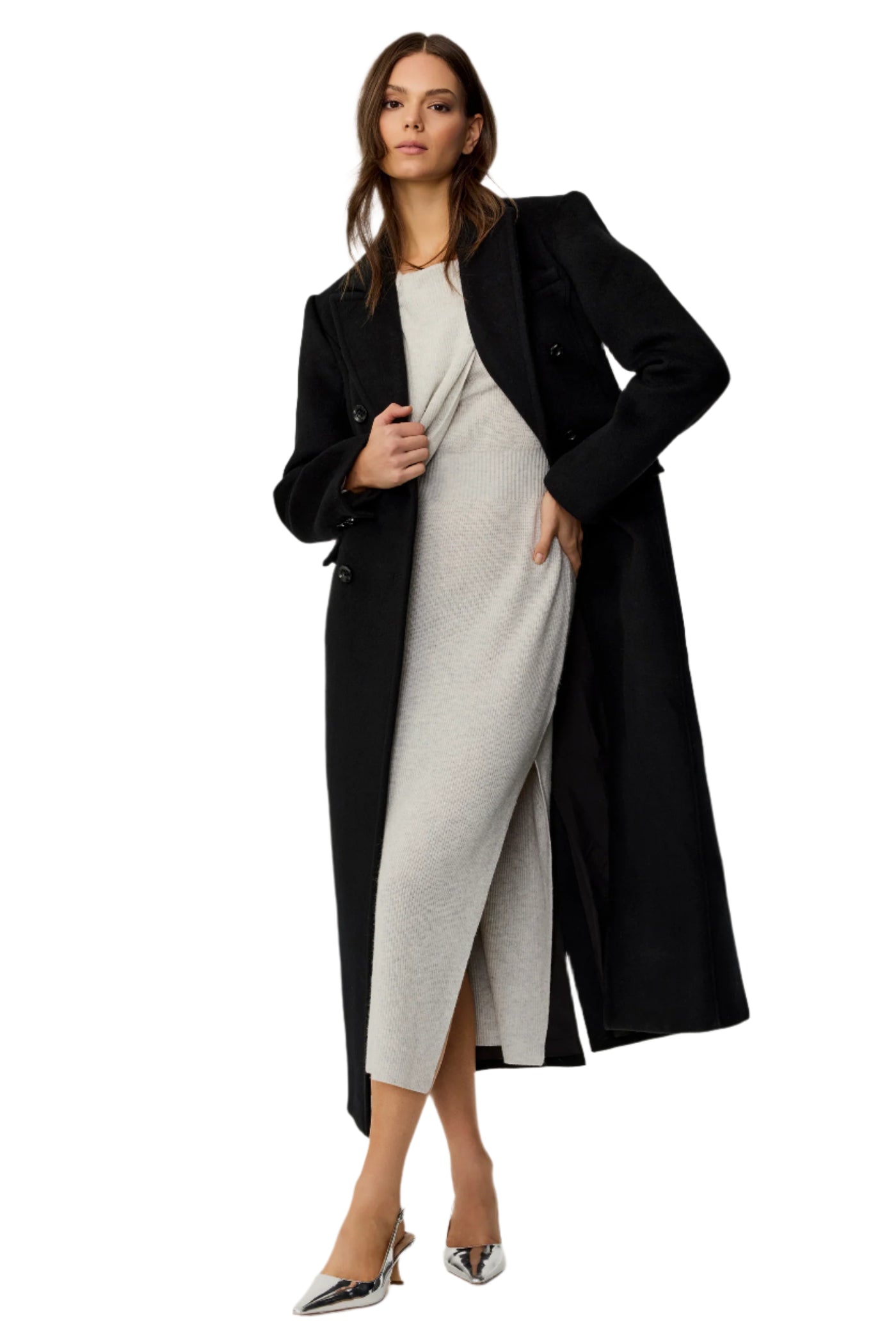 Bria Strong Shoulder Double Breasted Tailored Coat in Jet