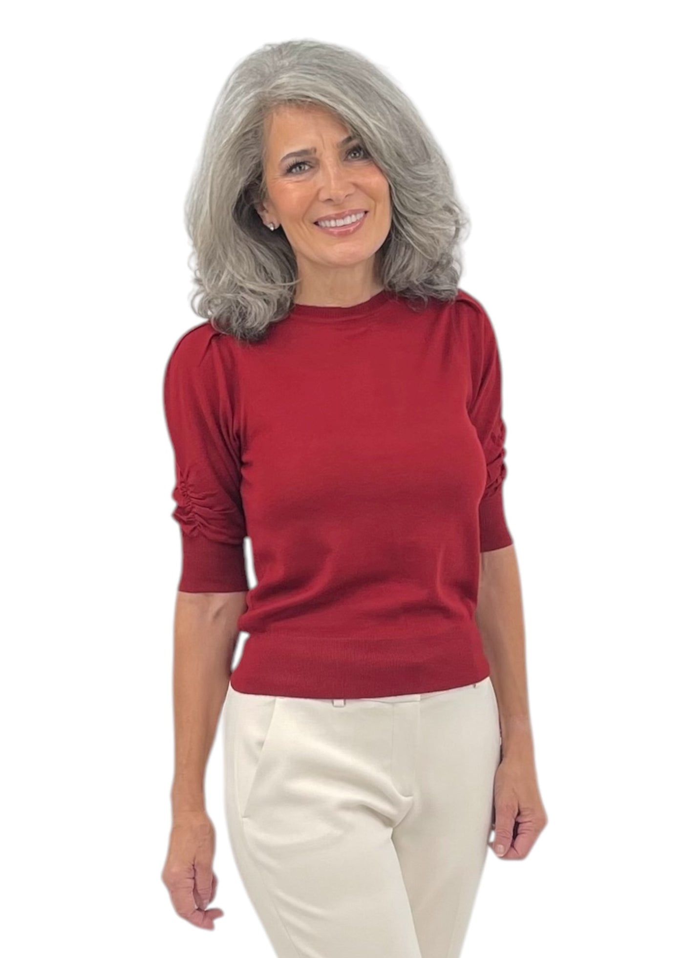 Fine Merino Blend Sweater with Ruched Sleeve in Cherry Red