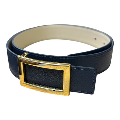 Reversible Pebbled Calf Belt in Navy/Bone