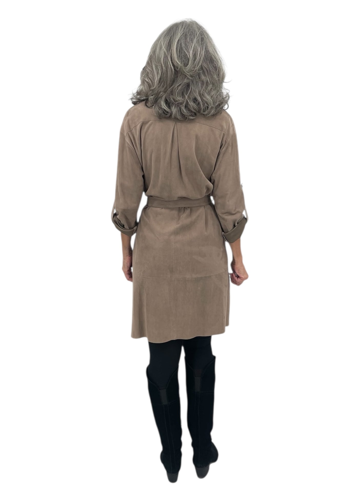 100% Leather Suede Coat in Mud