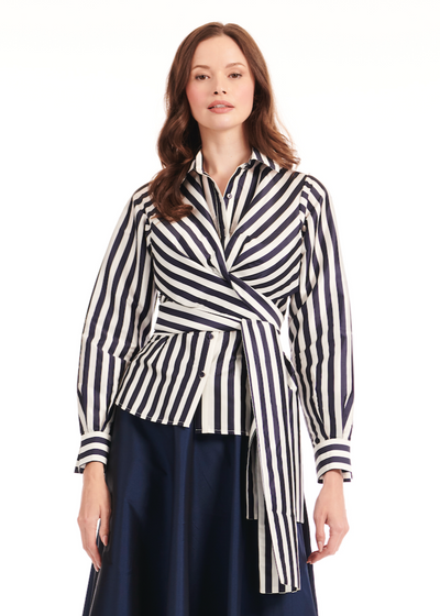 Stripe Wrap Blouse in Navy/White