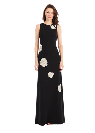 Crepe Gown w/ Applique Flowers in Black