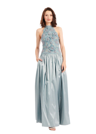 Flower Pearl Mockneck Gown in Blue