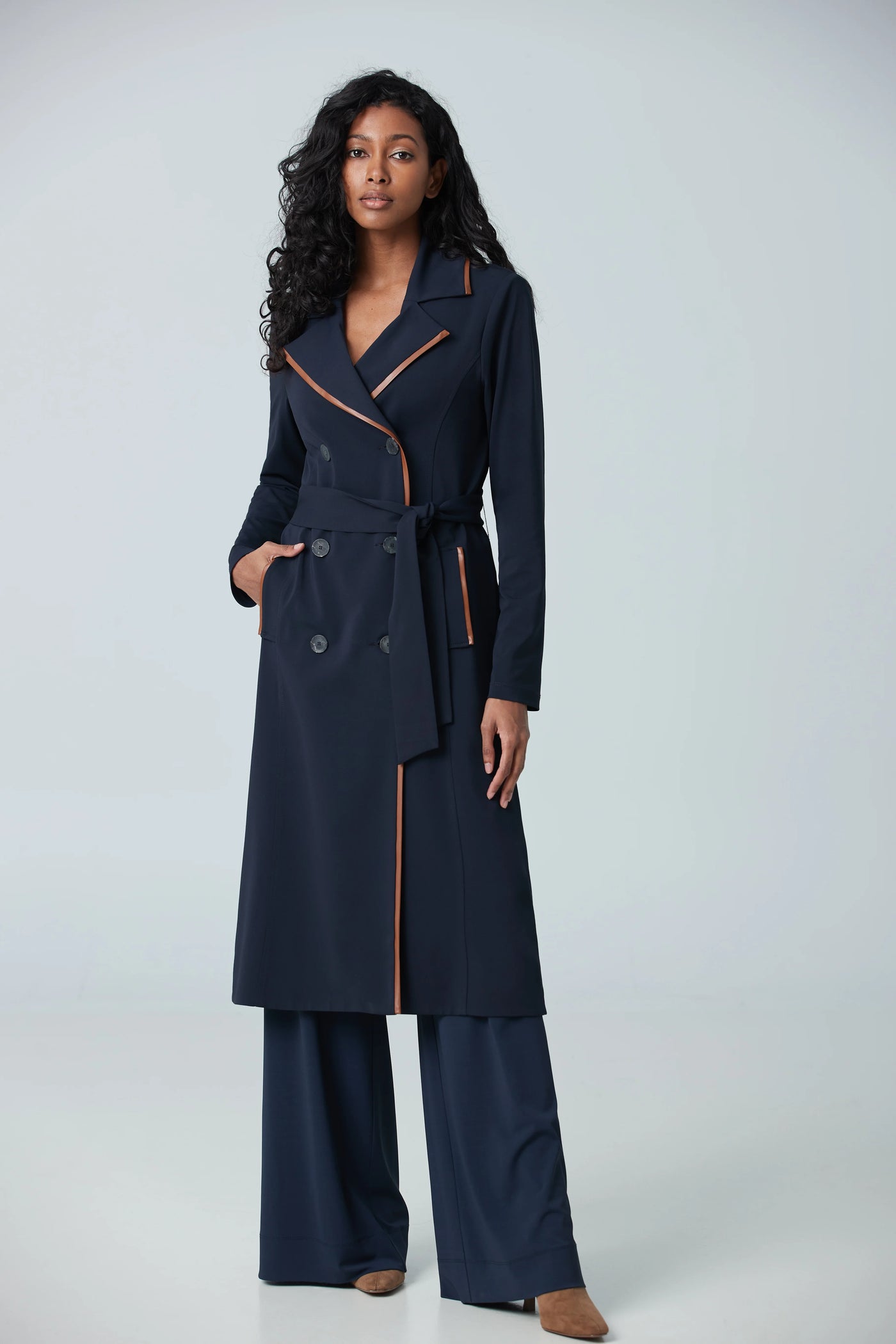 Trench Coat With Faux Leather Trim in Navy