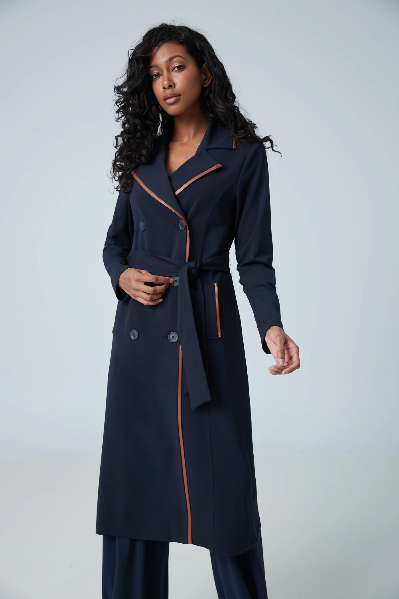 Trench Coat With Faux Leather Trim in Navy