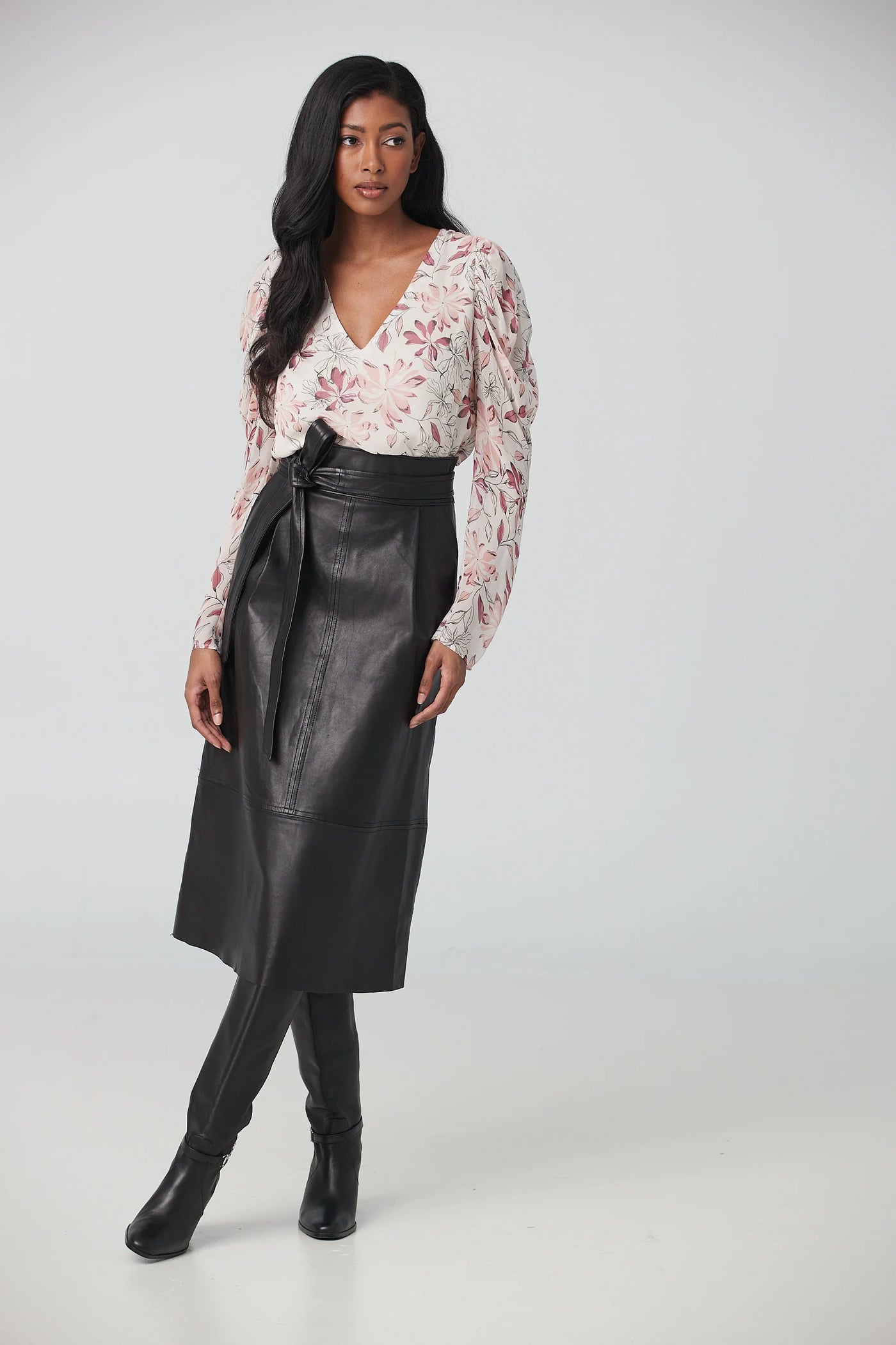 Pleated Front A-Line Lamb Leather Skirt Black