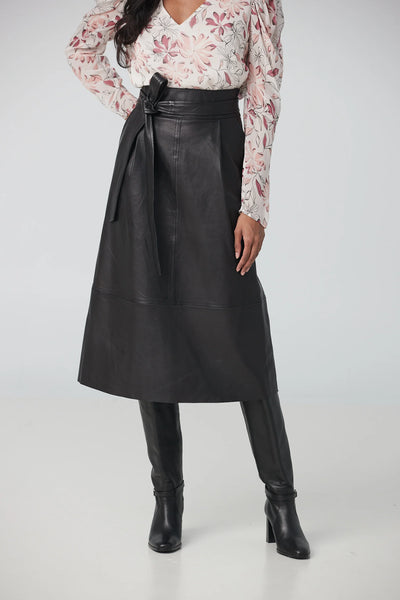 Pleated Front A-Line Lamb Leather Skirt Black