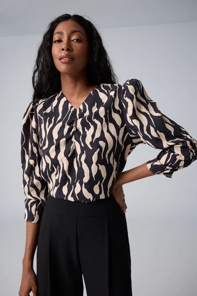 Printed Puffy Sleeve Top - Black/Bone