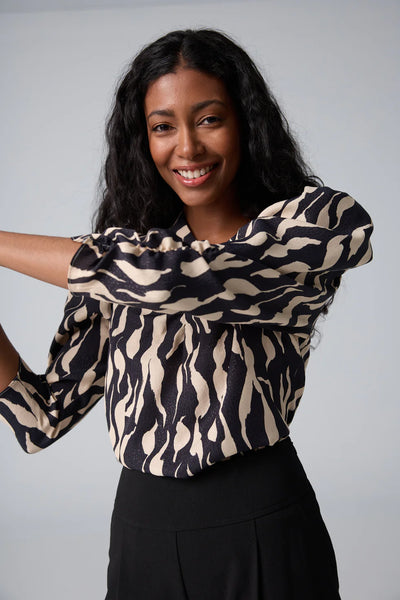 Printed Puffy Sleeve Top - Black/Bone