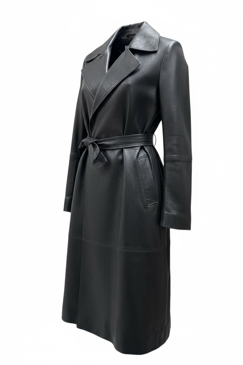 Notch Collar Metallic Suede Trench Coat in Black