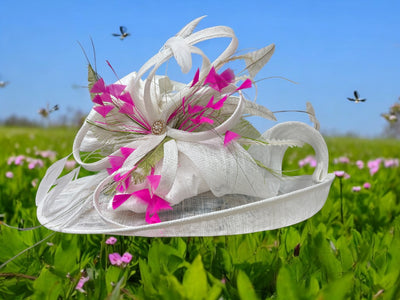 Large Brim off White Sinamay Straw with Pink and Green Feathers
