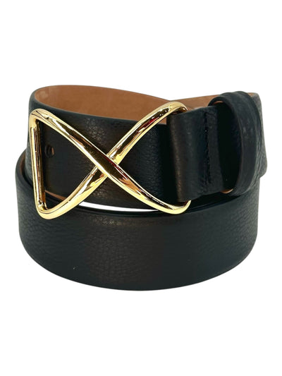 Pebbled Calf Belt with Gold X Buckle in Black