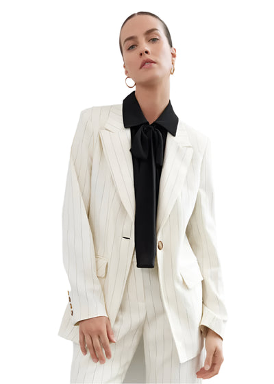 Striped One Button Blazer in Bone/Black