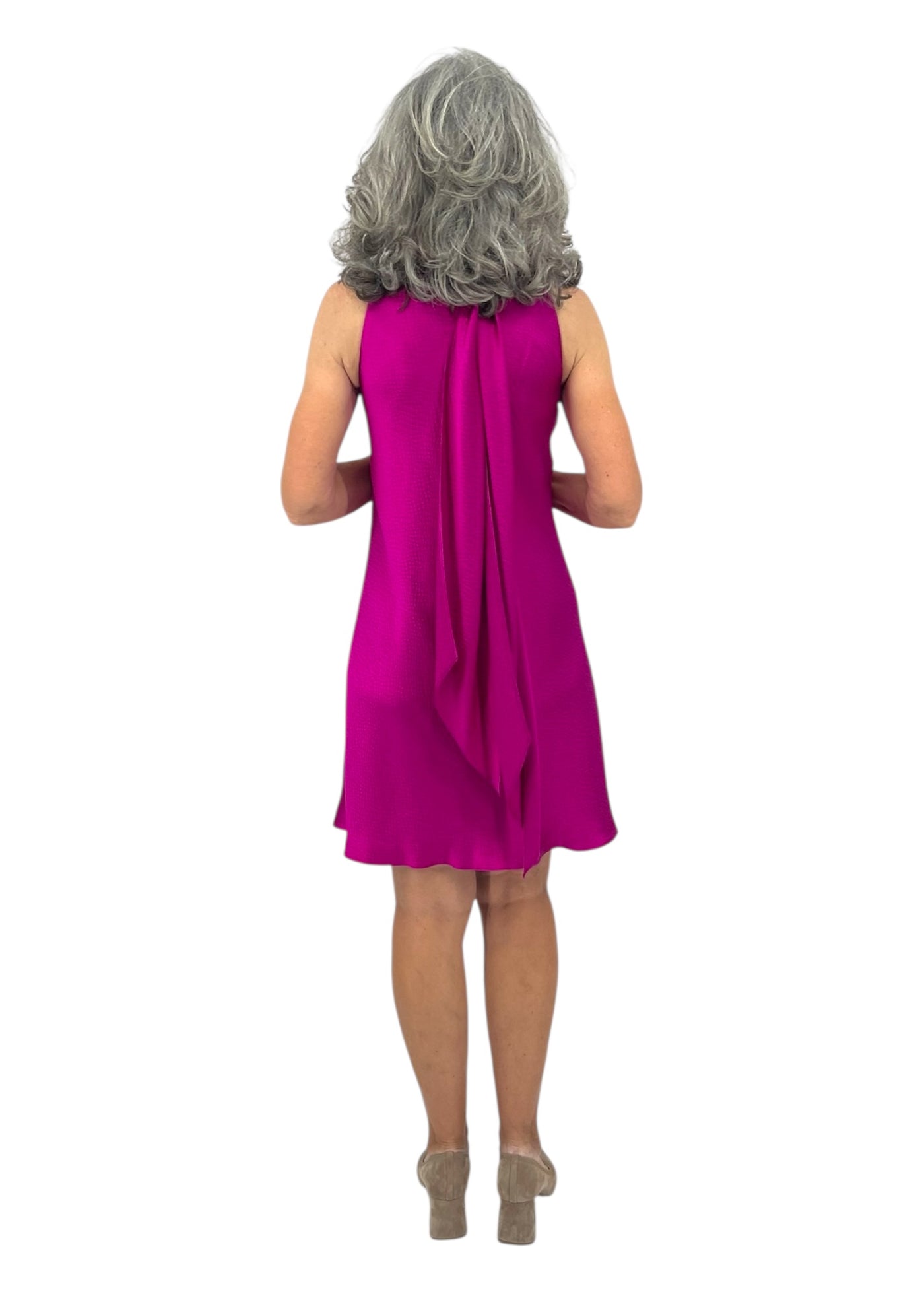 Hammered Satin Scarf Back Bias Dress in Magenta