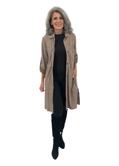 100% Leather Suede Coat in Mud