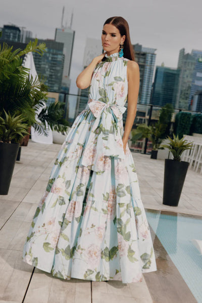 Ruffle Halter Gown in Aqua