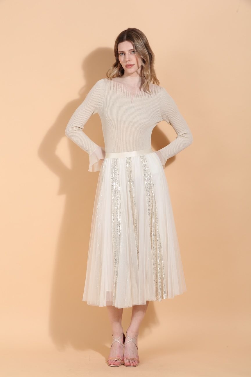 Sheer Mock Neck Lightweight Knit Top With Peplum Cuff in Beige