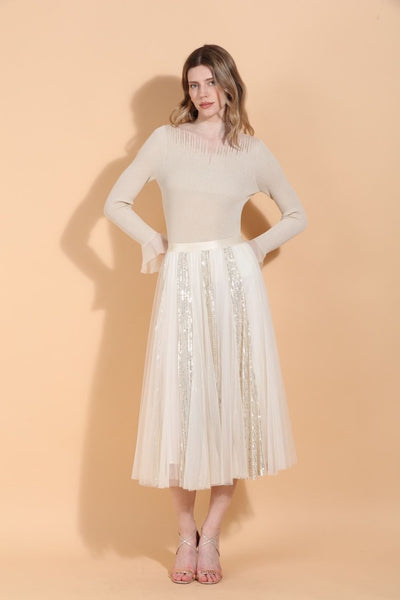 Sheer Mock Neck Lightweight Knit Top With Peplum Cuff in Beige