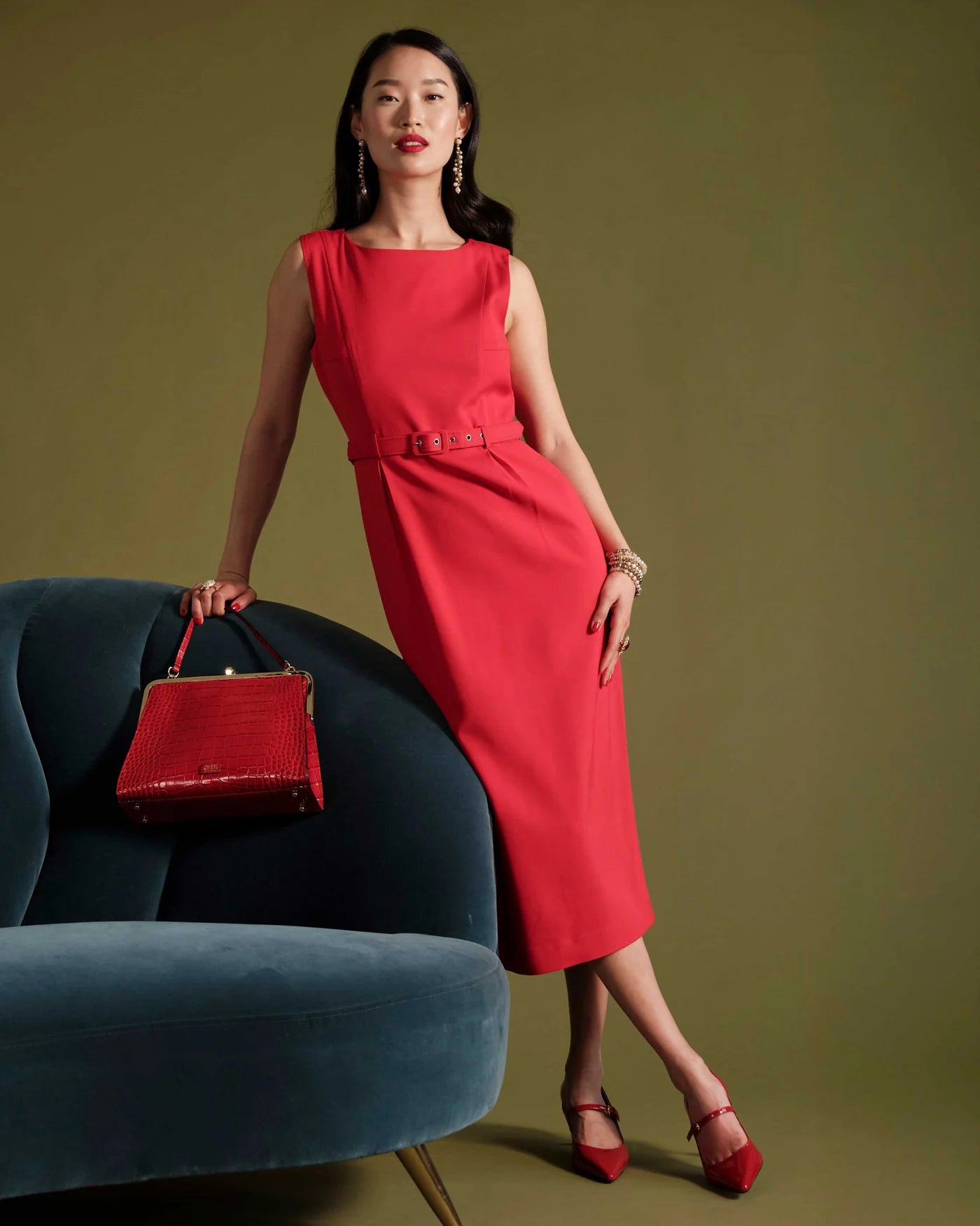 Audrey Belted Midi Dress in Red