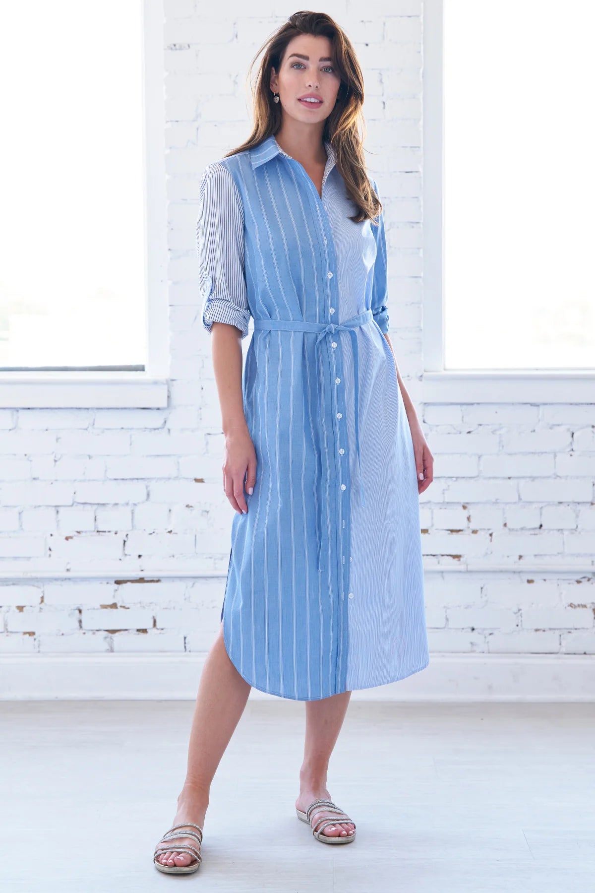 Long Alex Shirt Dress Colorblock Blue Stripe