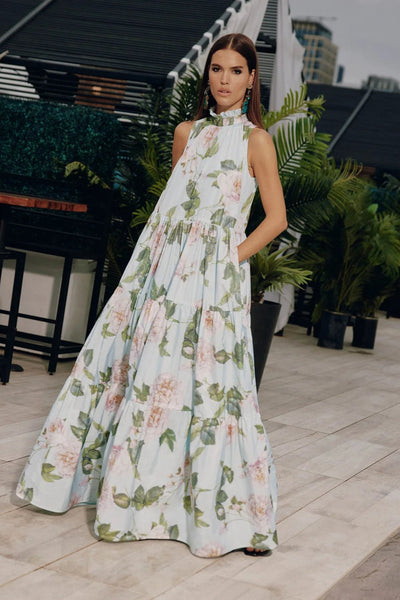 Ruffle Halter Gown in Aqua
