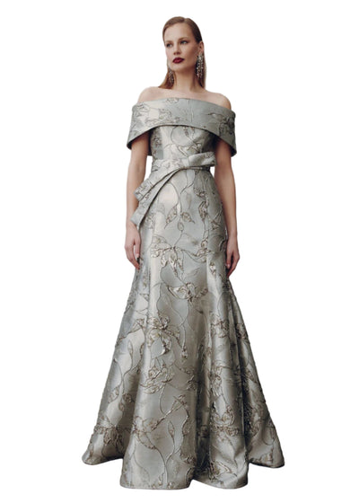 Off the Shoulder Gown in Silver