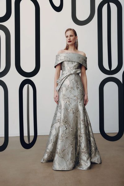 Off the Shoulder Gown in Silver