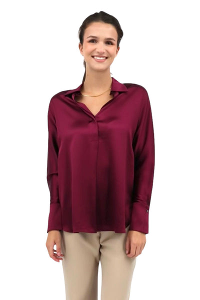Silk Half Button Blouse in Sangria