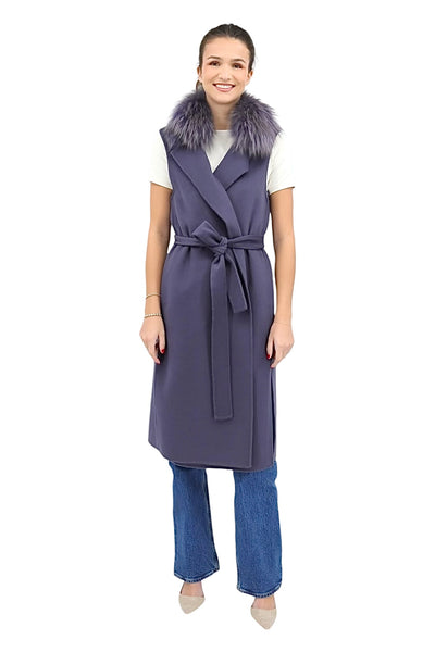 Notch Collar Wrap Vest With Blue Fox in Grey