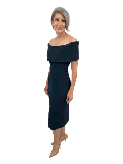 Off Shoulder Roll Collar Techno Crepe Midi Dress in Navy