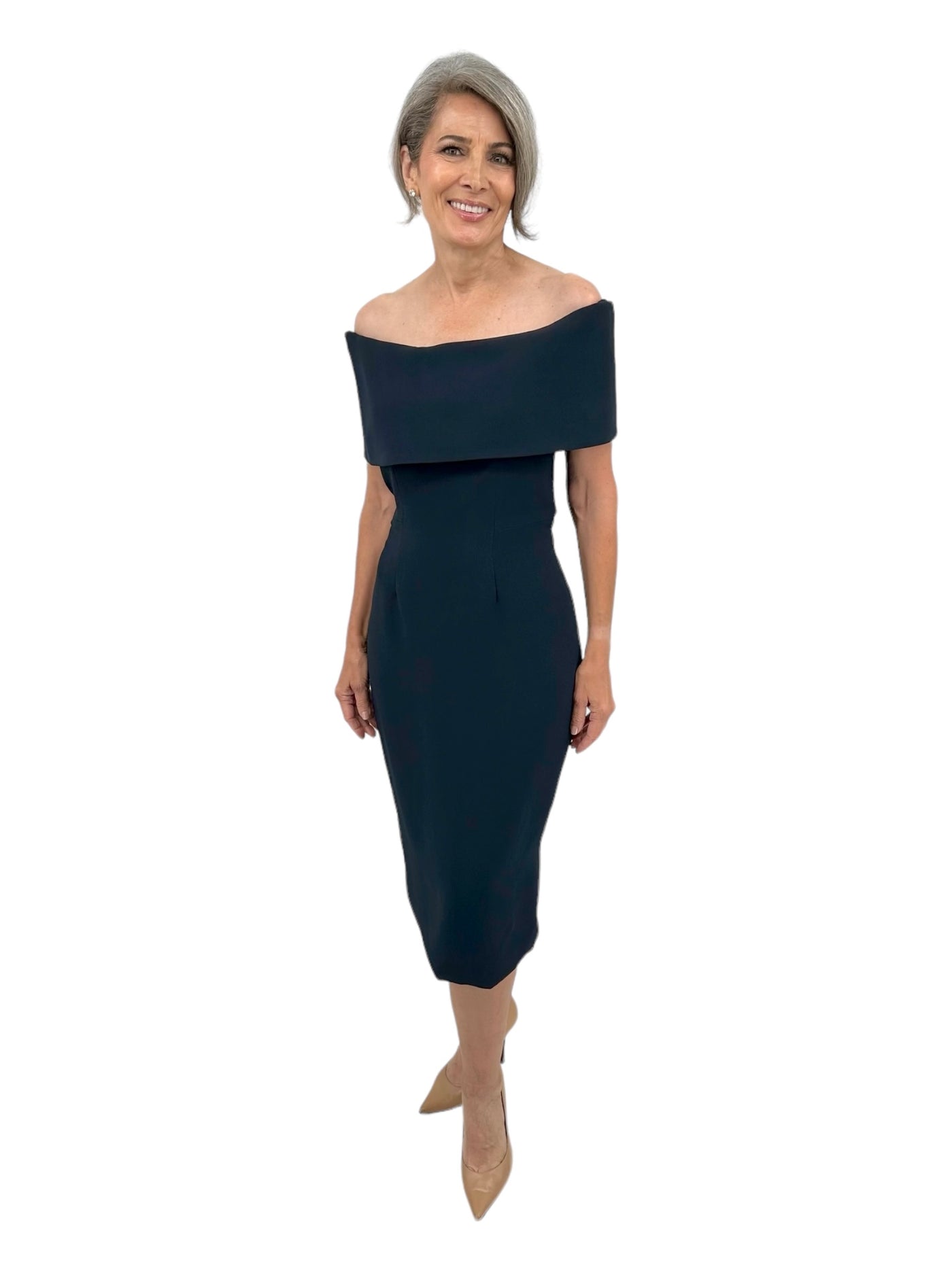 Off Shoulder Roll Collar Techno Crepe Midi Dress in Navy