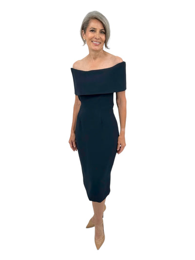 Off Shoulder Roll Collar Techno Crepe Midi Dress in Navy