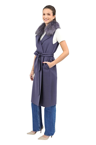 Notch Collar Wrap Vest With Blue Fox in Grey