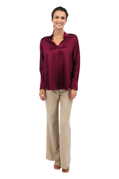 Silk Half Button Blouse in Sangria