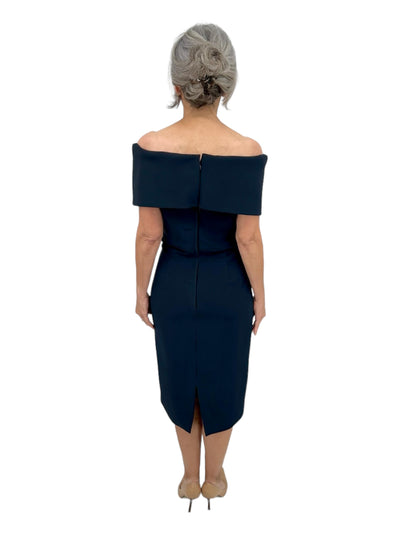 Off Shoulder Roll Collar Techno Crepe Midi Dress in Navy