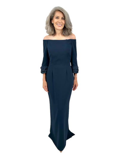 Off Shoulder Parrot Tulip Cuff Gown with Trumpet in Navy