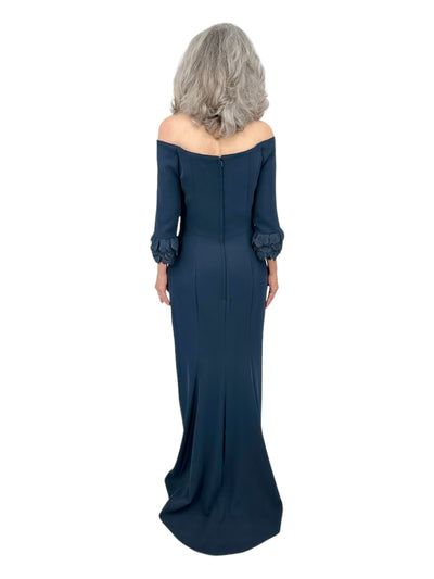 Off Shoulder Parrot Tulip Cuff Gown with Trumpet in Navy